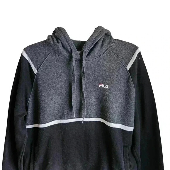 Fila Men’s L Pullover Hoodie Gray Black White Colour Block Embroidered Logo - Picture 2 of 10